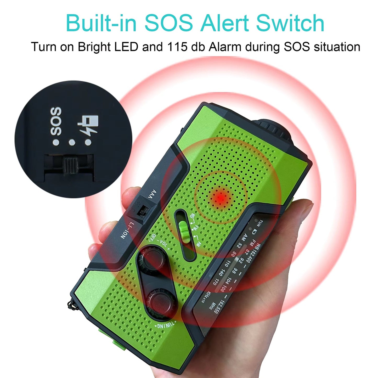 Hand holding a green AlerSkyo Emergency Radio with SOS feature and alarm display.