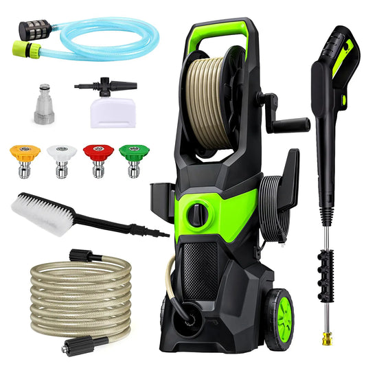 AquaGo Pressure Washer with various attachments on a white background