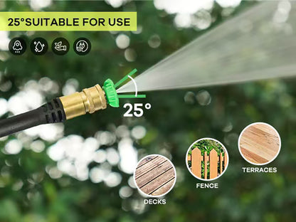 Garden hose nozzle with adjustable spray pattern on a blurred green background