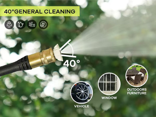 Hose with spray nozzle labeled '40° General Cleaning' and icons for vehicle, window, outdoors, and furniture cleaning.
