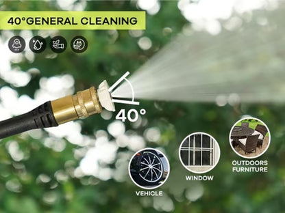Hose with spray nozzle labeled '40° General Cleaning' and icons for vehicle, window, outdoors, and furniture cleaning.