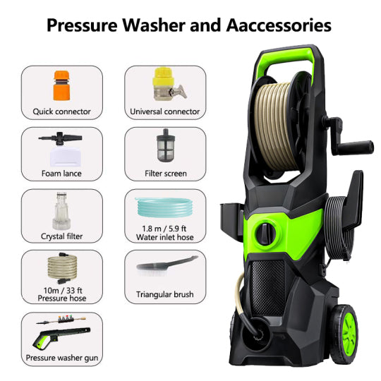 AquaGo Pressure Washer with various accessories displayed on a white background