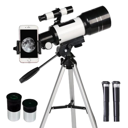 Astrobupy Telescope with smartphone attachment and accessories on a white background