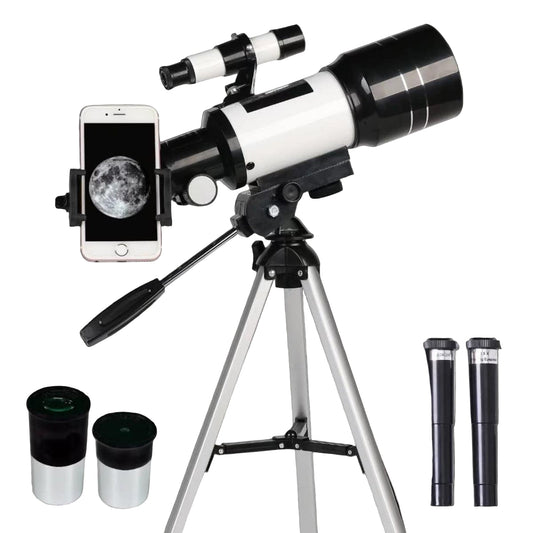 Astrobupy Telescope with smartphone attachment and accessories on a white background