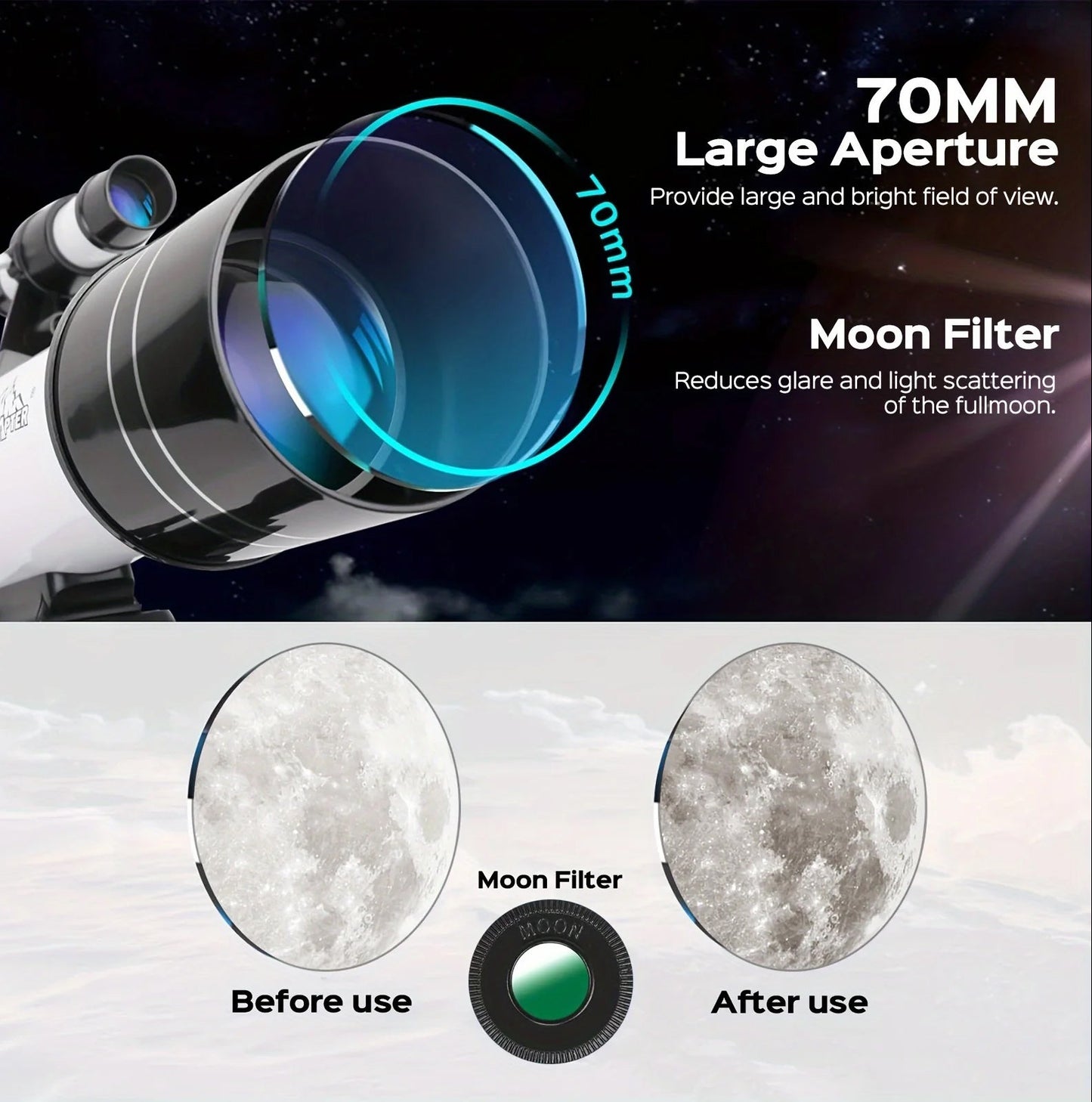 Astrobupy Telescope with moon filter and before/after effect on moon image