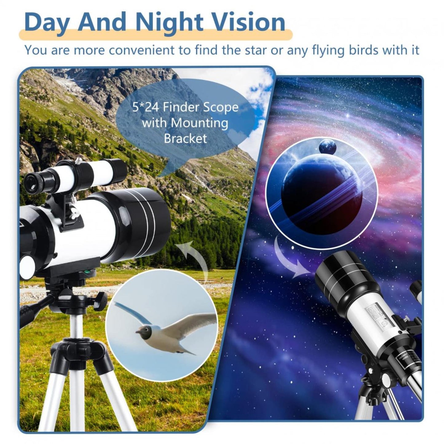 Astrobupy Telescope with day and night vision features, including a mountain landscape and celestial view.