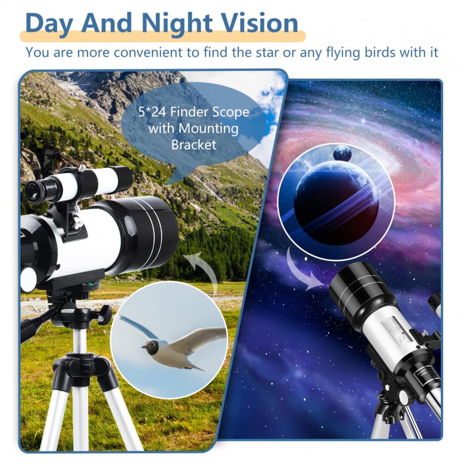 Astrobupy Telescope with day and night vision features, including a mountain landscape and celestial view.