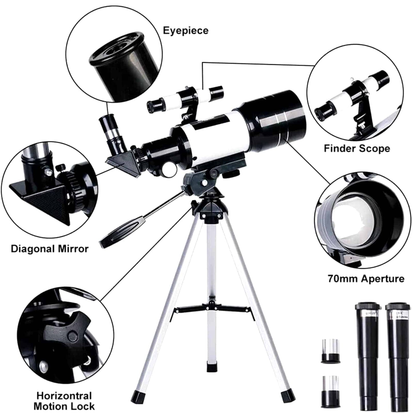 Astrobupy Telescope with labeled parts on a white background