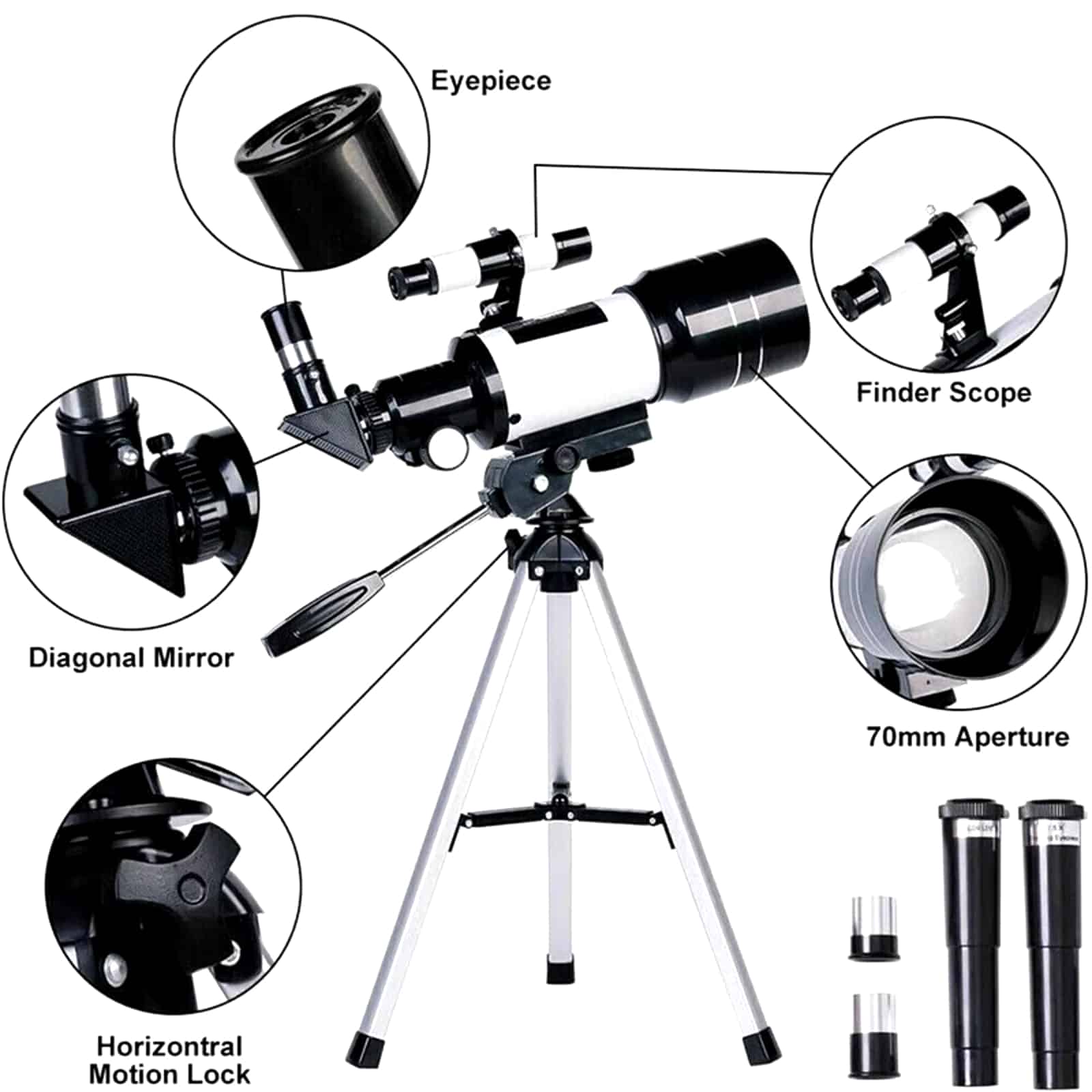Astrobupy Telescope with labeled parts on a white background
