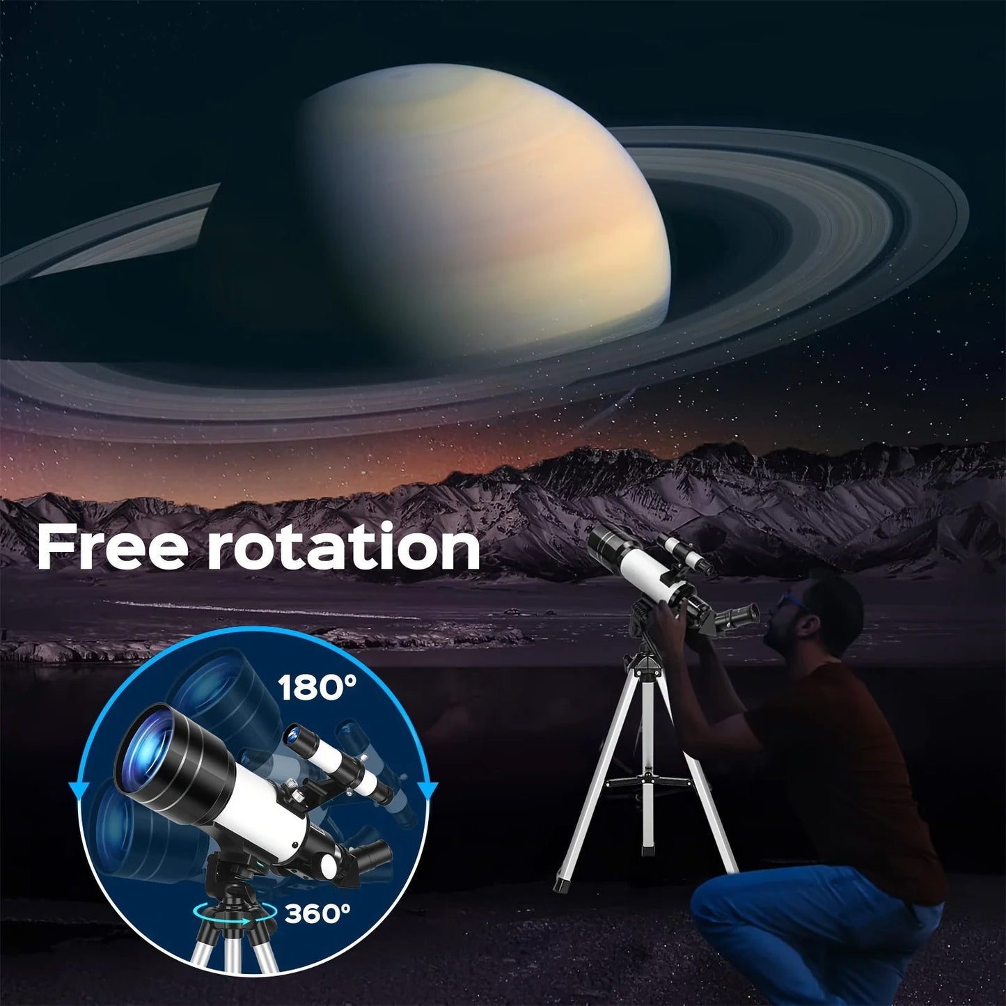 Astrobupy Telescope with a person using it, Saturn visible in the background
