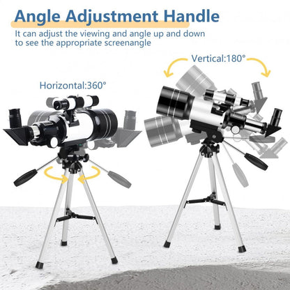 Astrobupy Telescope with angle adjustment handle showing horizontal and vertical range on a white background