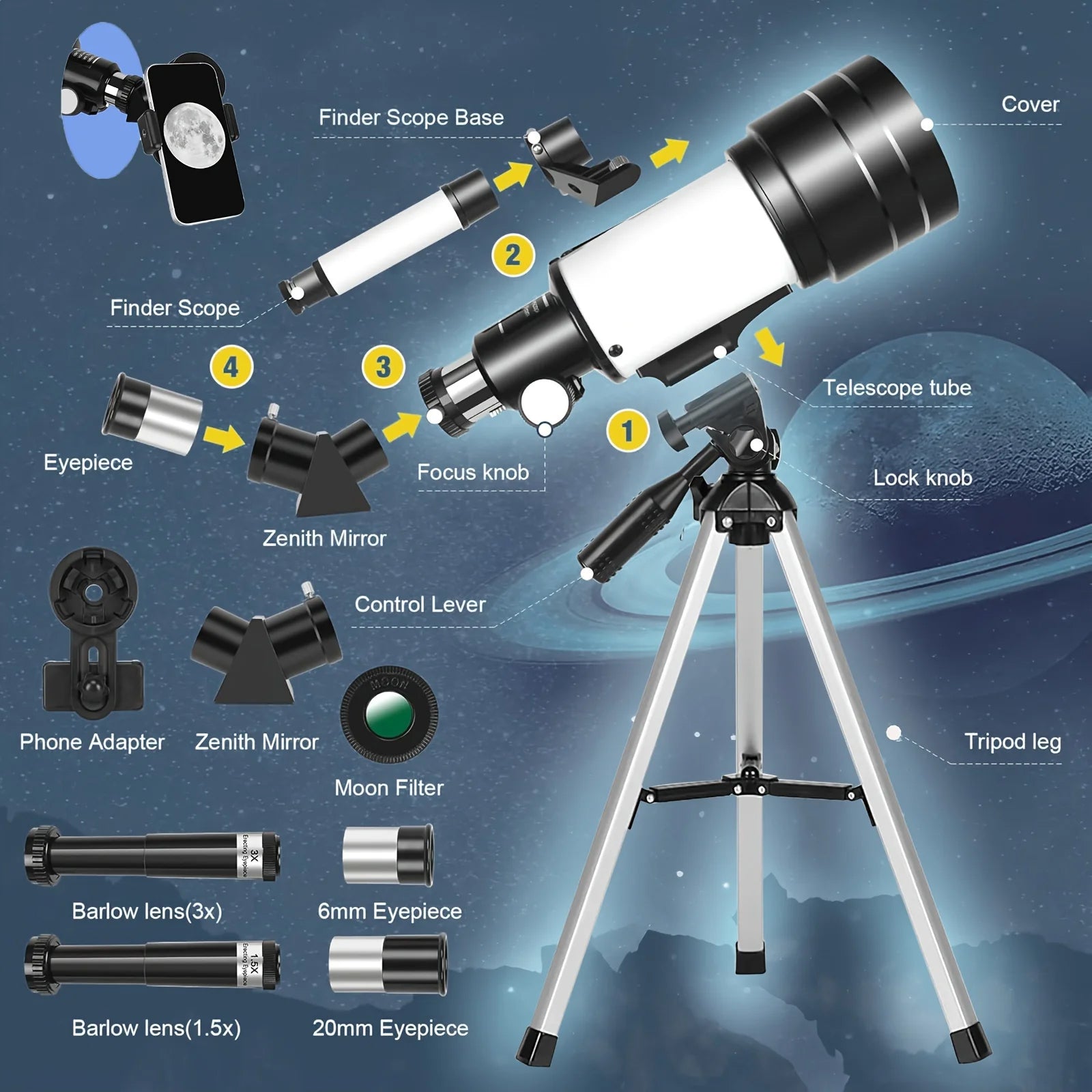 Astrobupy Telescope with labeled parts on a space-themed background