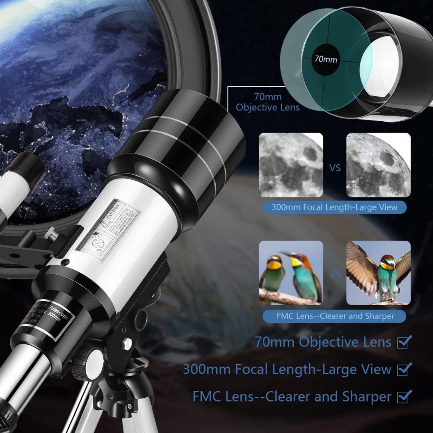 Astrobupy Telescope with detailed specifications on a space-themed background