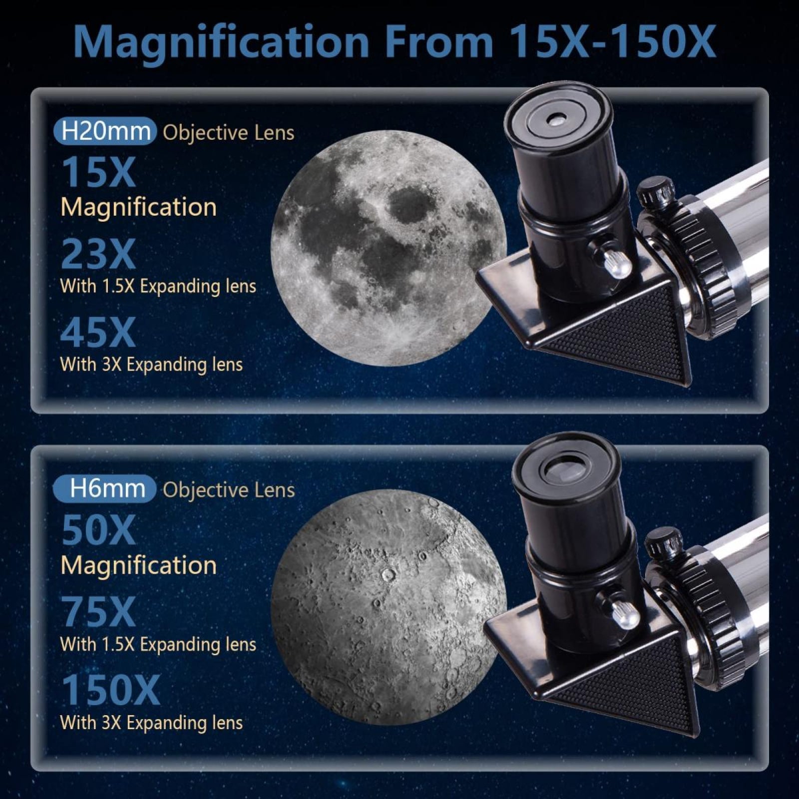 Astrobupy Telescope with magnification details and images of the moon.