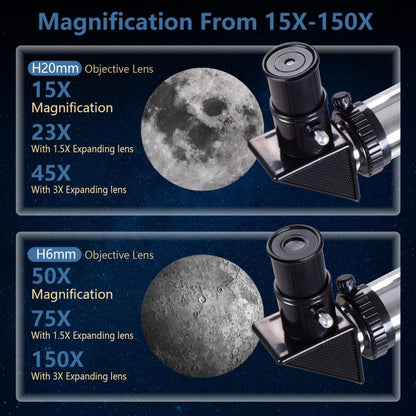 Astrobupy Telescope with magnification details and images of the moon.