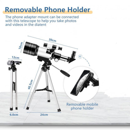 Astrobupy Telescope with removable phone holder and measurements on a white background