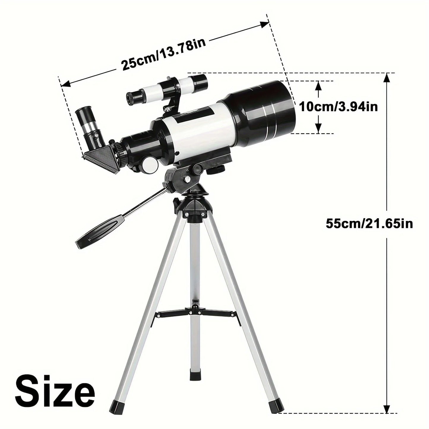 Astrobupy Telescope with dimensions labeled on a white background