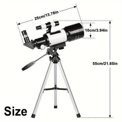 Astrobupy Telescope with dimensions labeled on a white background