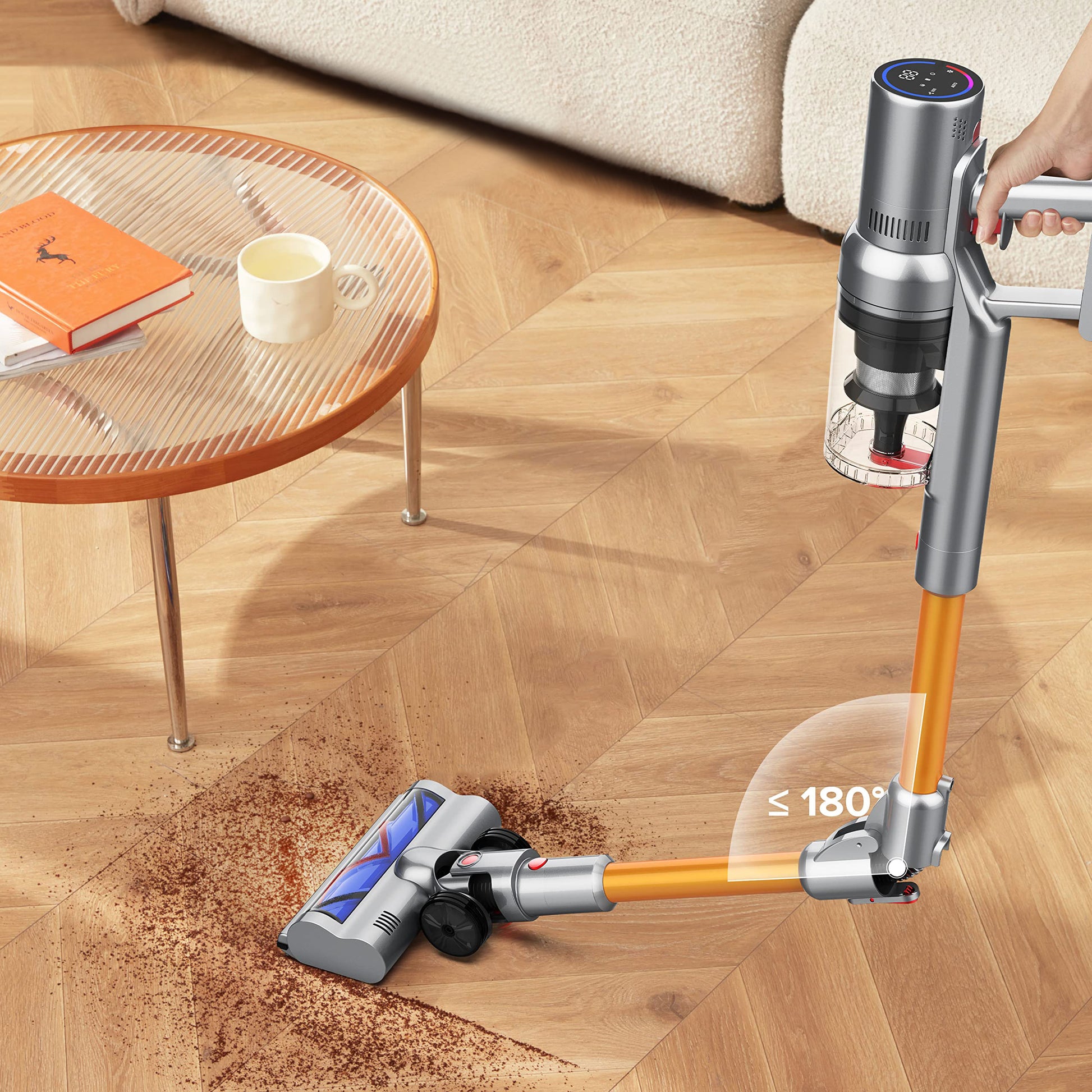 Balzy Vacuum a wooden floor in a living room setting.