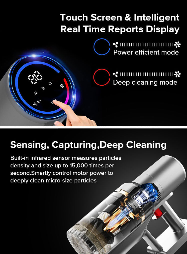 Digital display with touch screen and text about power efficient and deep cleaning modes, along with a close-up of a cleaning device.