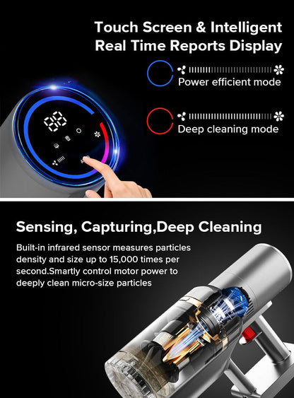 Digital display with touch screen and text about power efficient and deep cleaning modes, along with a close-up of a cleaning device.