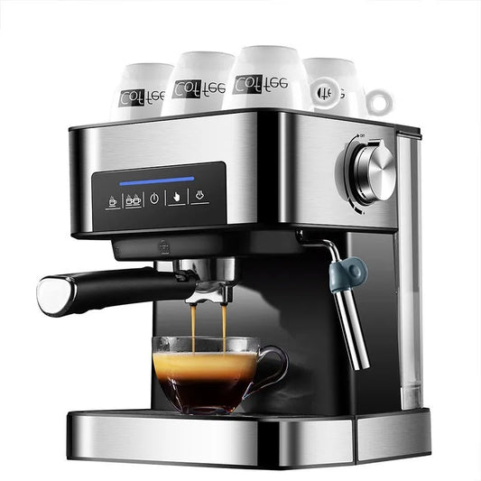 BeanBliss Espresso Machine with a cup of coffee and four white cups on top, on a white background.