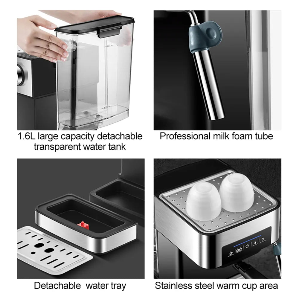 Multifunctional kitchen appliance with detachable water tank, milk foam tube, water tray, and warm cup area.
