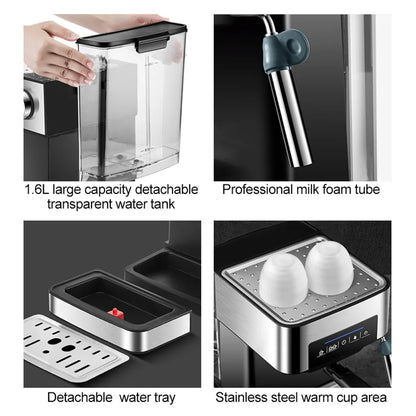 Multifunctional kitchen appliance with detachable water tank, milk foam tube, water tray, and warm cup area.