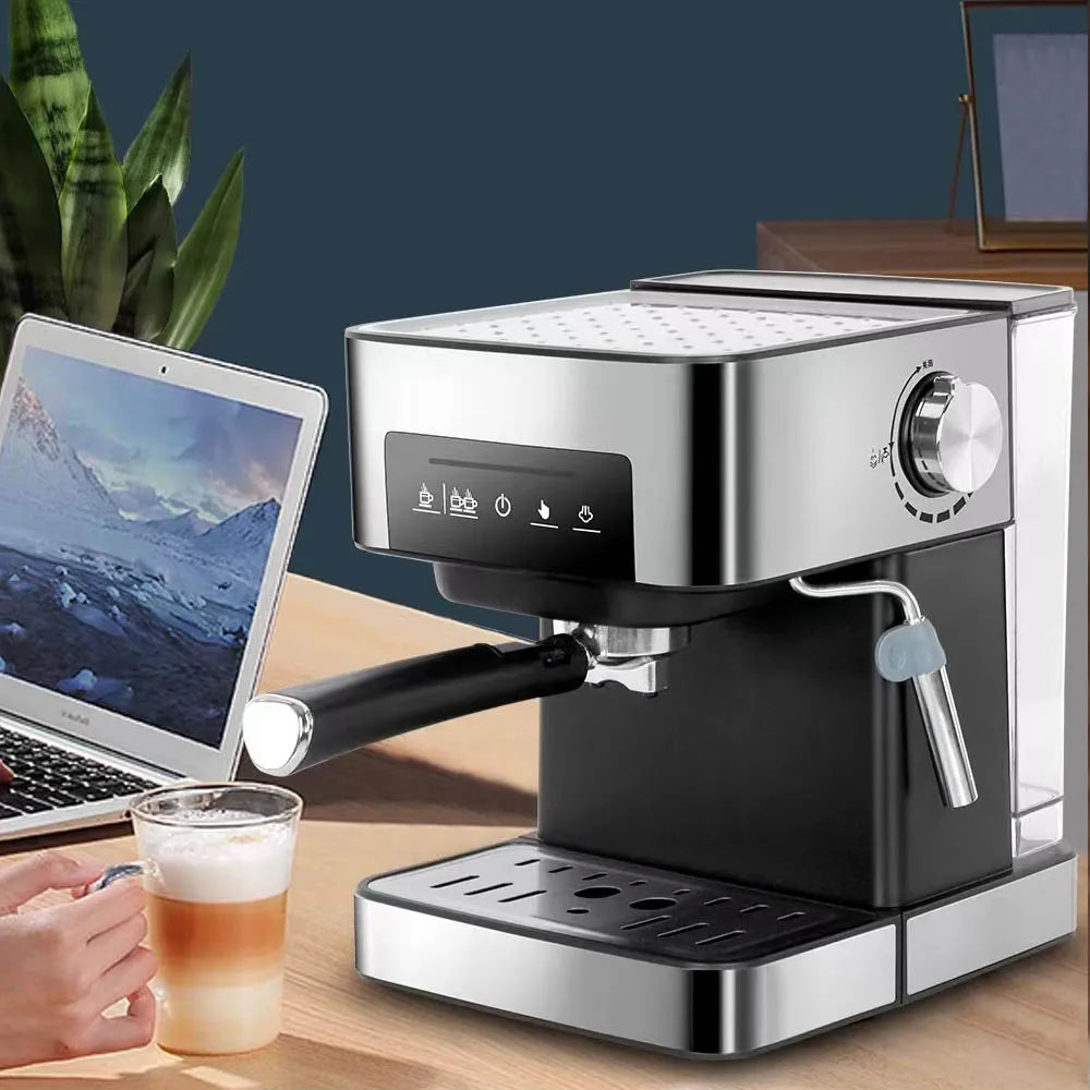 BeanBliss Espresso Machine on a wooden table with a laptop and a glass of coffee.