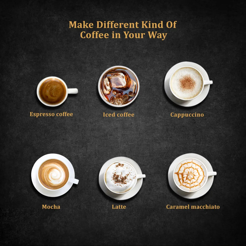 Illustration of different types of coffee with corresponding names on a dark background