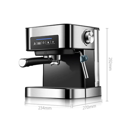 Stainless steel BeanBliss Espresso Machine with dimensions indicated on a white background