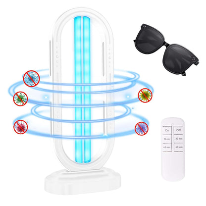 Beelines Ozone Light Sanitizer with remote control and sunglasses on a white background