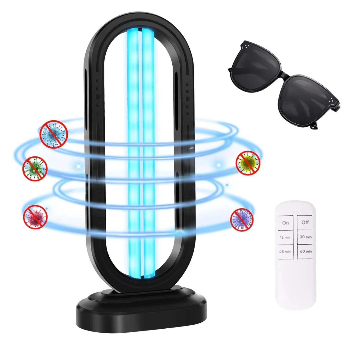 Beelines Ozone UV Light Sanitizer with remote control, sunglasses, and icons of germs on a white background.