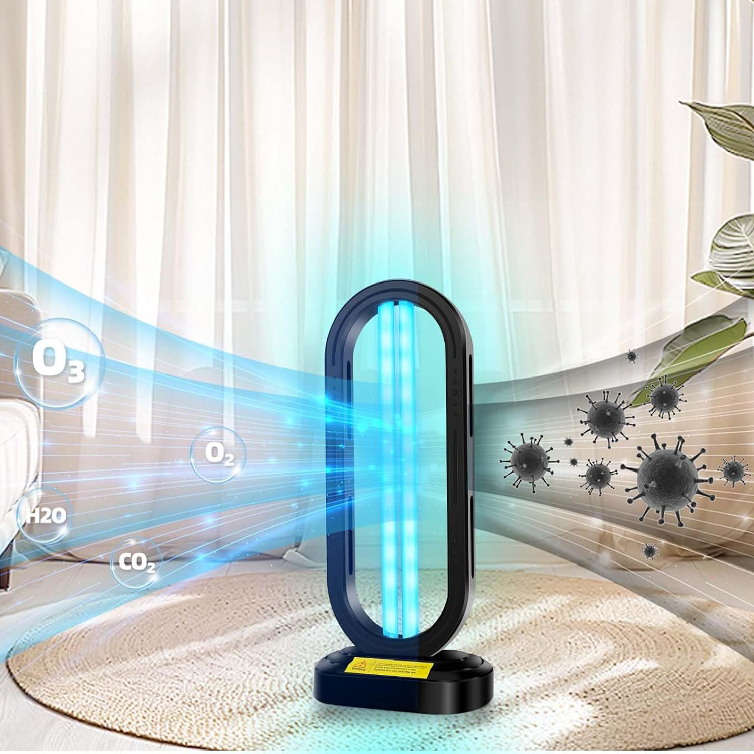 Beelines Ozone UV Light Sanitizer emitting blue light with a neutral background