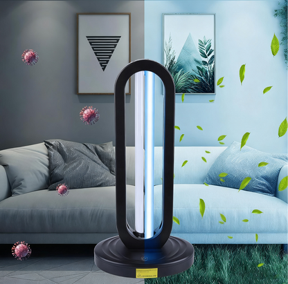 Beelines Ozone UV Light Sanitizer in a living room with COVID-19 particles and leaves floating.