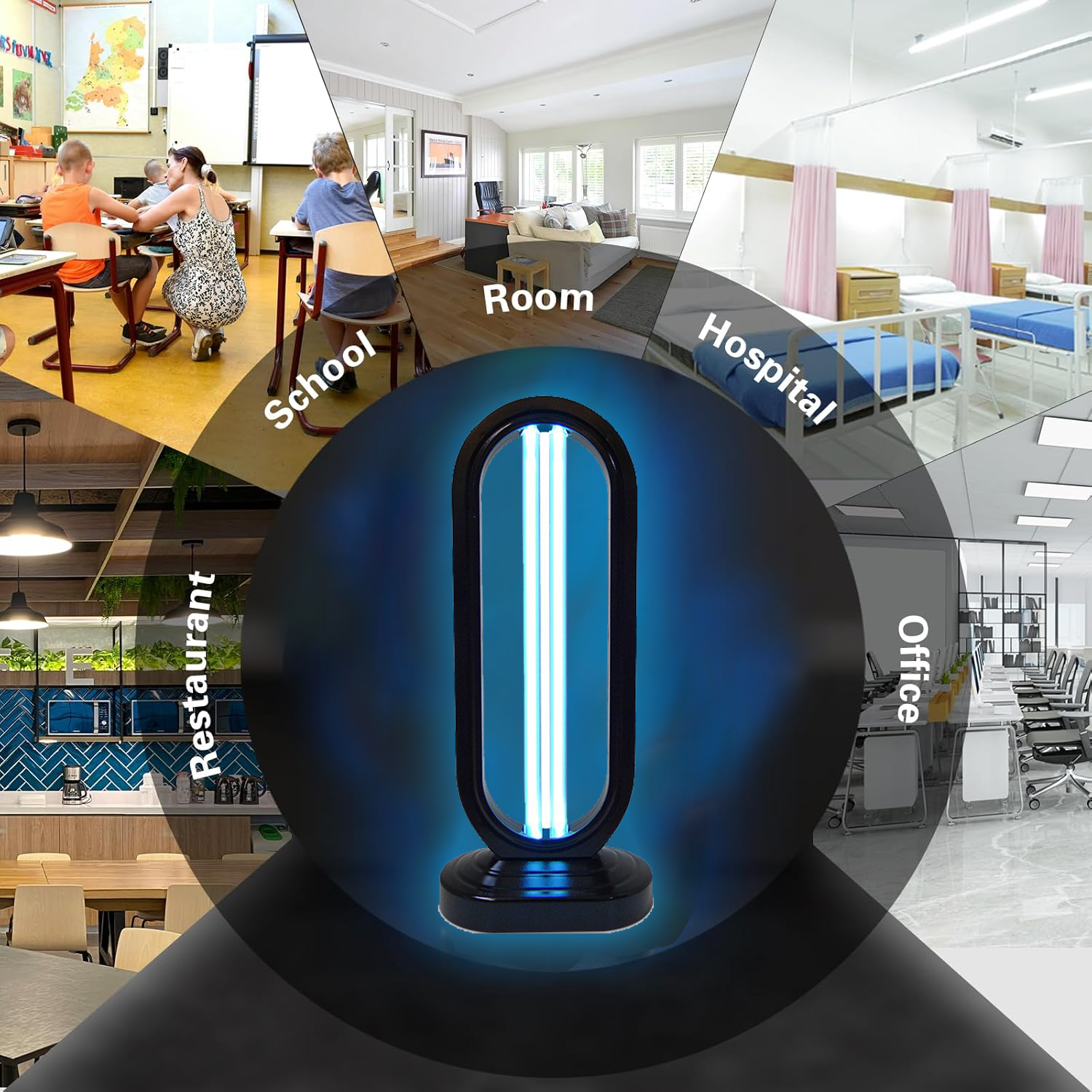 Beelines Ozone UV Light Sanitizer with various indoor settings like school, hospital, office, and restaurant in the background.