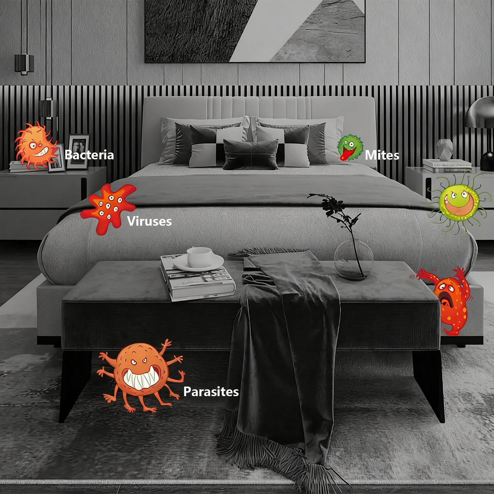 Bedroom with illustrations of bacteria, mites, viruses, and parasites over furniture.