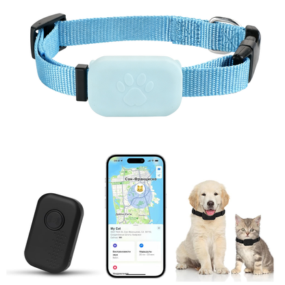 Pet collar with Beelines Smart Pet GPS Tracker, smartphone app, and two pets wearing collars on a white background