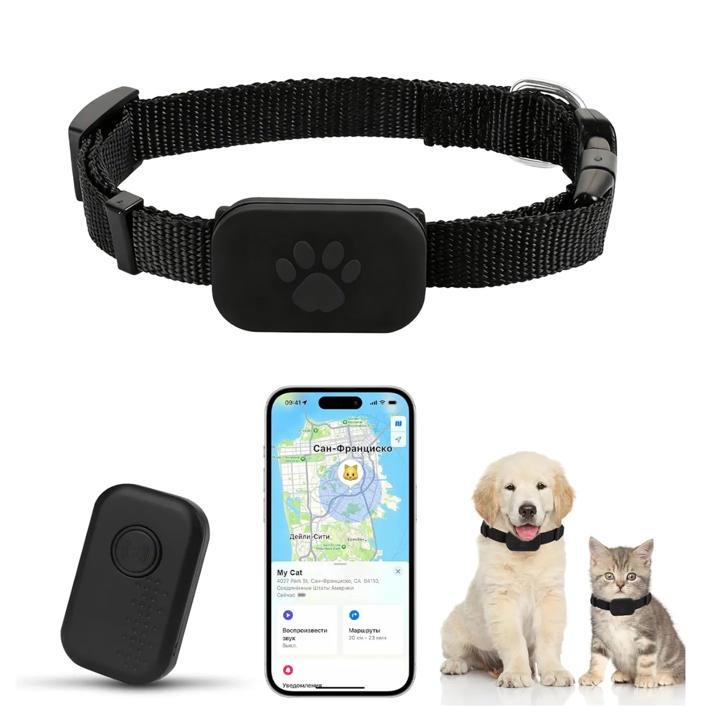Beelines Smart Pet GPS Tracker with collar, phone app, and two pets on a white background