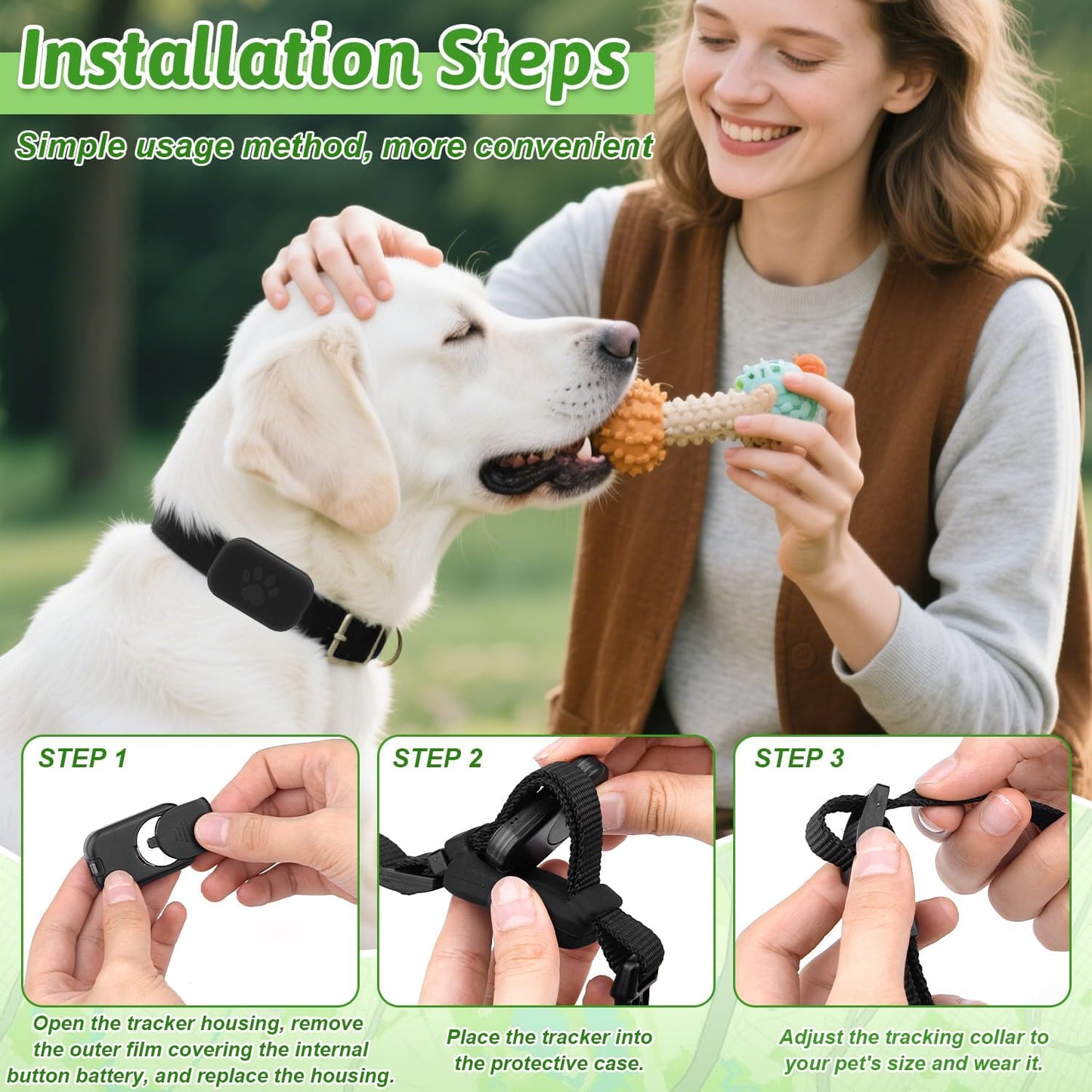 Woman holding a dog toy with a white dog, followed by step-by-step instructions for using a Beelines Smart Pet GPS Tracker.
