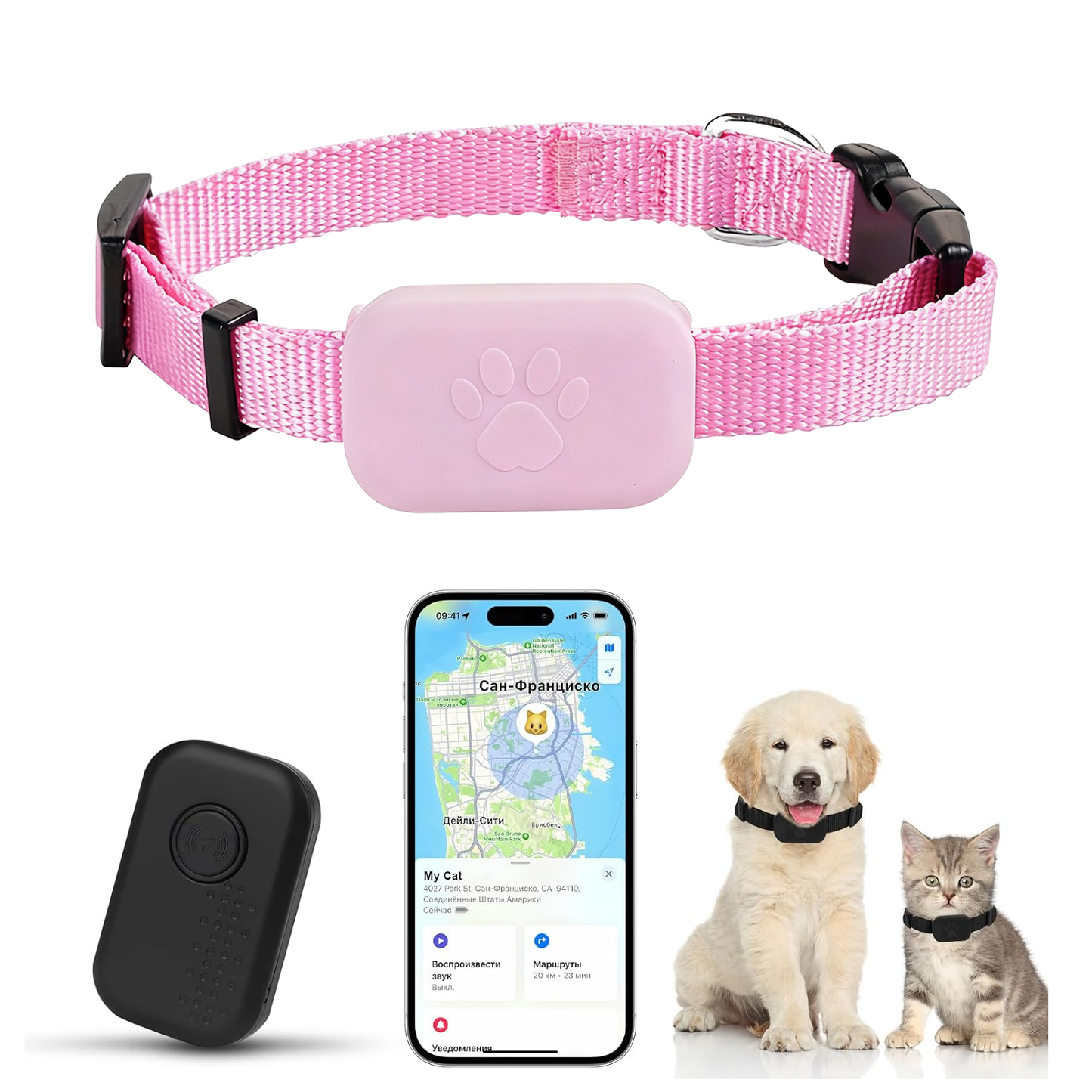 Pink dog collar with Beelines Smart Pet GPS Tracker, smartphone app, and two pets wearing collars on a white background