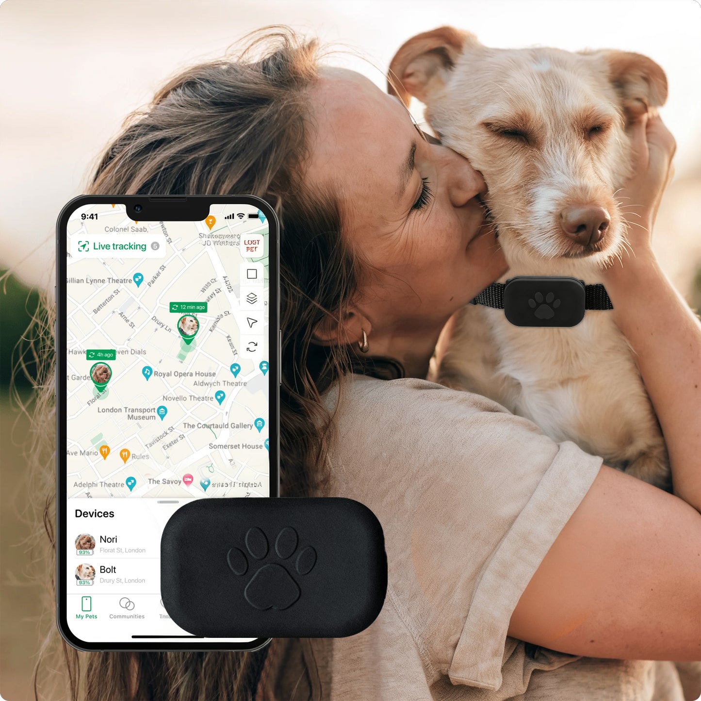 Woman holding a dog with a Beelines Smart Pet GPS Tracker and smartphone app displayed.