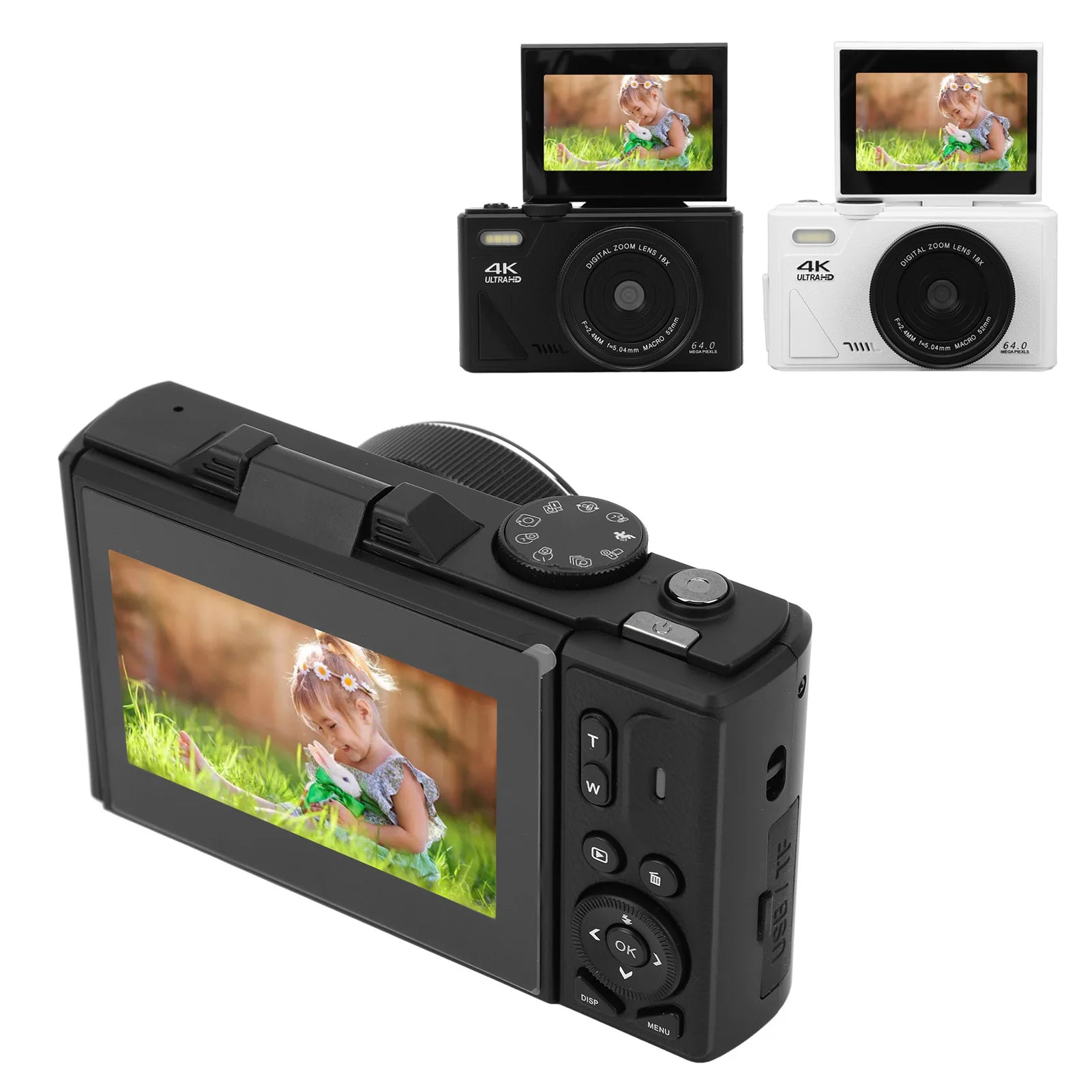 COBOFX 4K Digital Compact Camera with screen displaying a child playing outdoors, shown in black and white color variants.