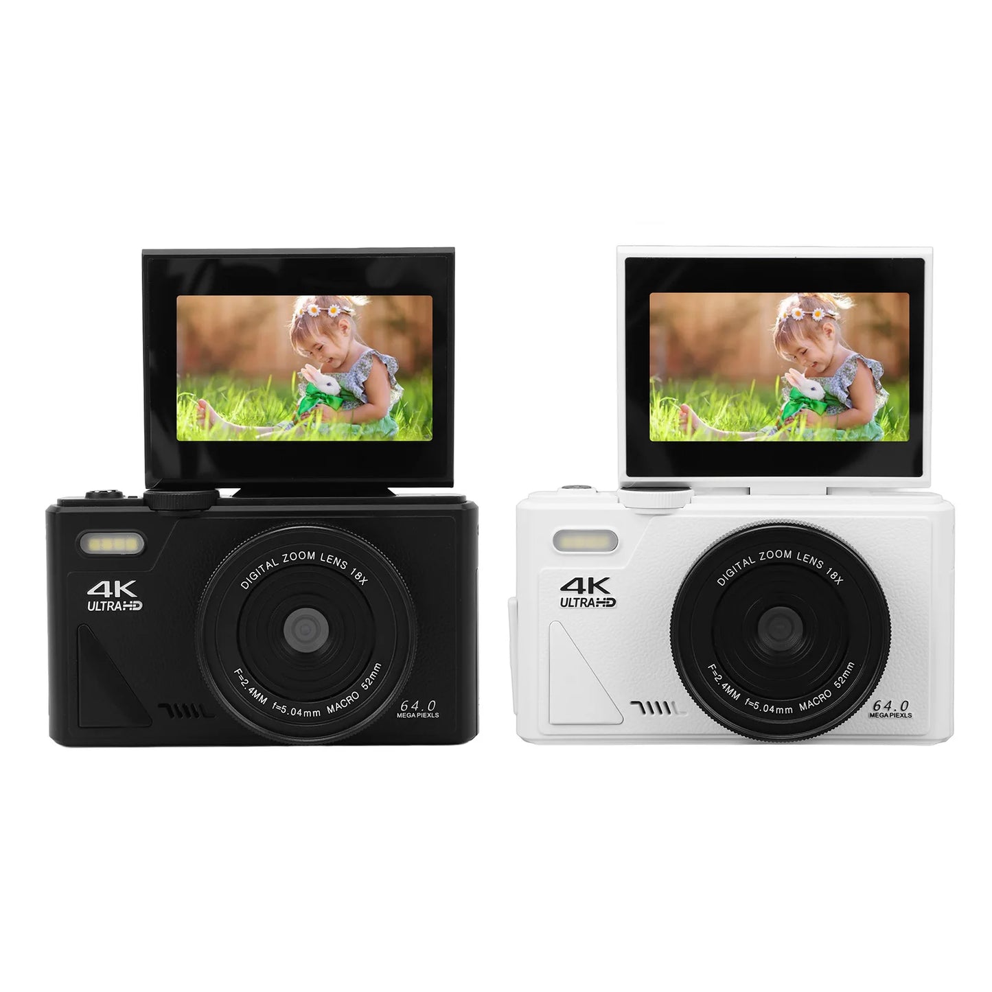 Two COBOFX 4K Digital Compact Camera, one black and one white, with screens displaying a child playing outdoors.