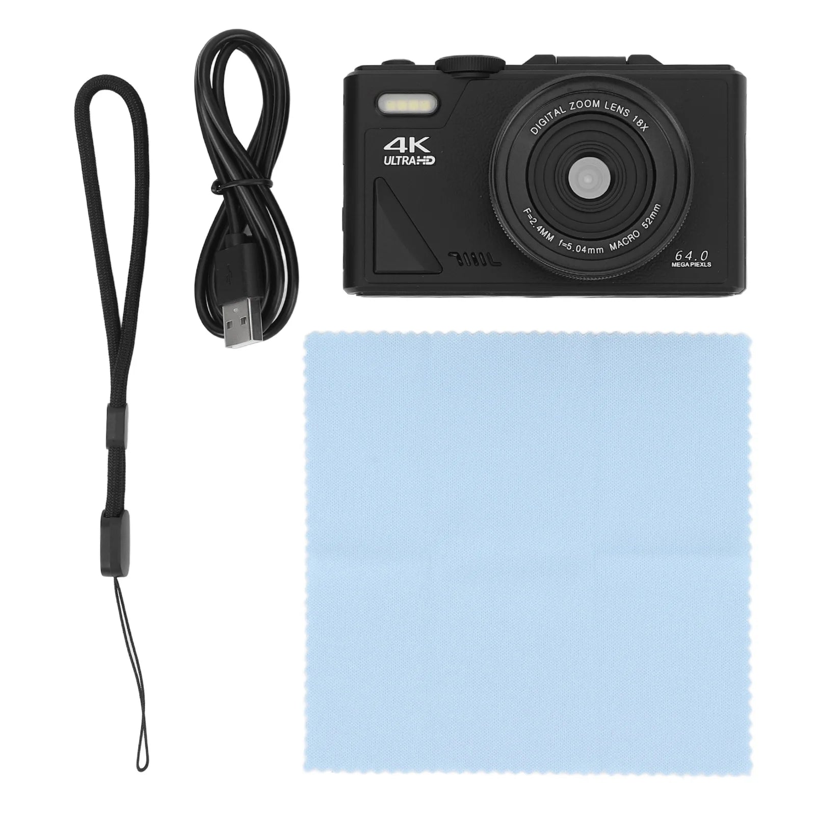 Black COBOFX 4K Digital Compact Camera with USB cable, lanyard, and cleaning cloth on a white background