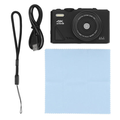 Black COBOFX 4K Digital Compact Camera with USB cable, lanyard, and cleaning cloth on a white background