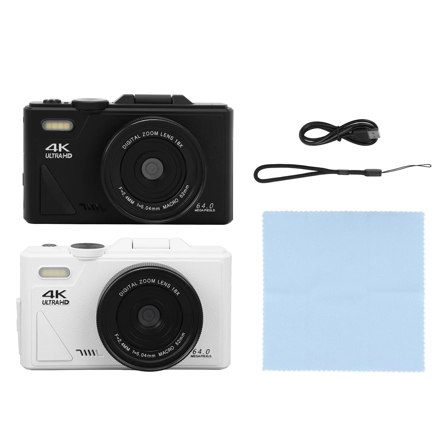 Two COBOFX 4K Digital Compact Camera, a wrist strap, and a cleaning cloth on a white background