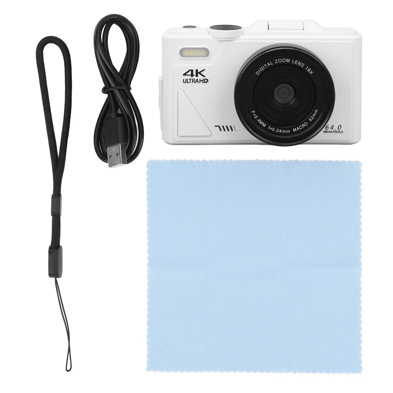 COBOFX 4K Digital Compact Camera with accessories including a USB cable, wrist strap, and cleaning cloth on a white background.