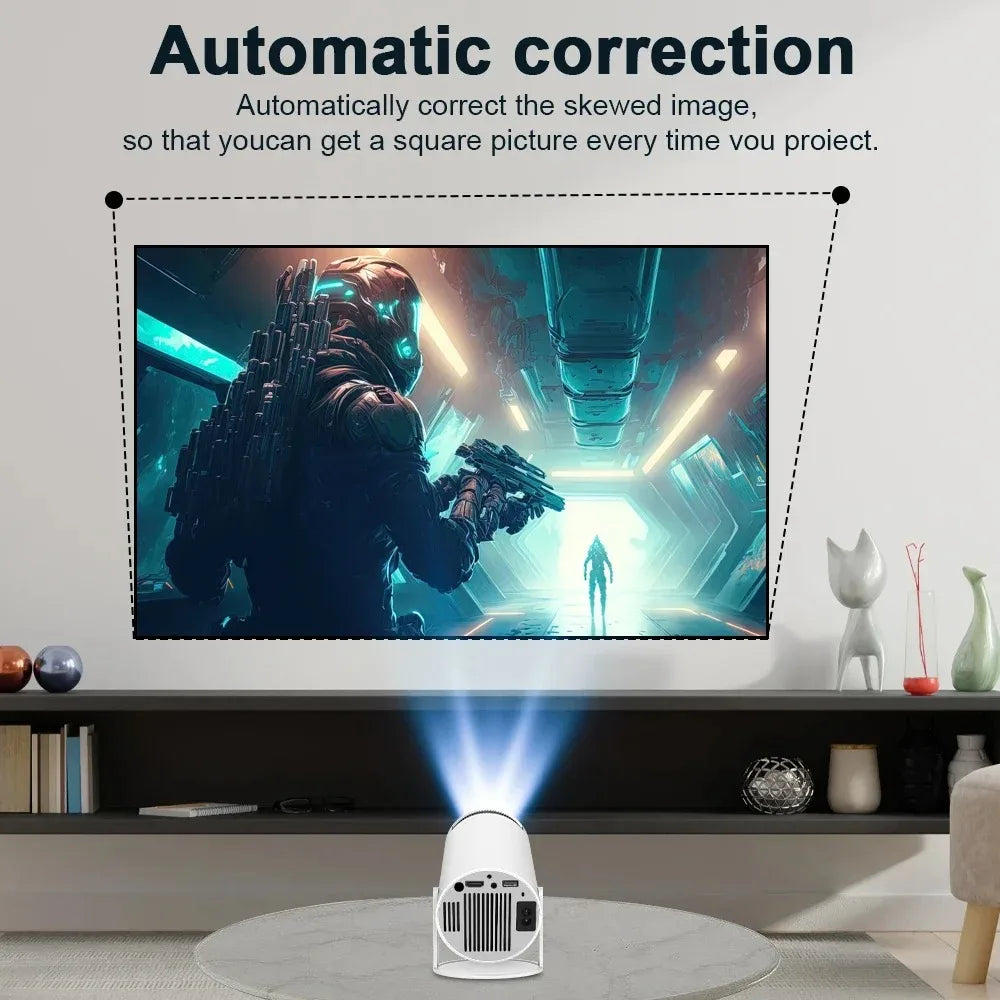 Cinemaster Pro 4k Smart Projector displaying a futuristic scene with text about automatic correction, in a living room setting.