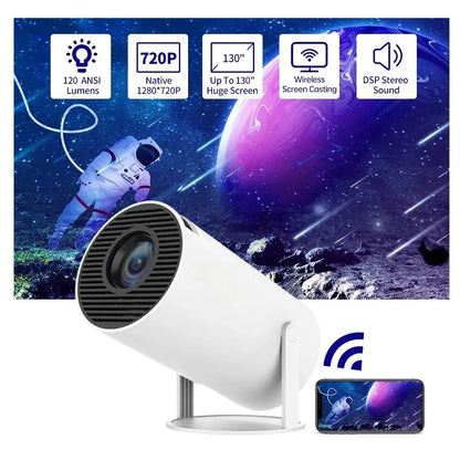 Cinemaster Pro 4k Smart Projector with features displayed on a space-themed background